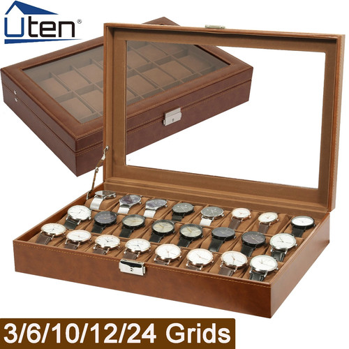 Grids brown leather watch - brown,